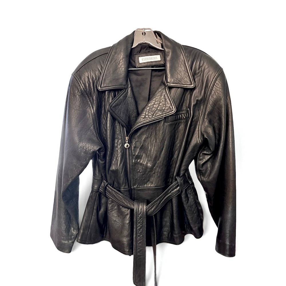 Evan Davies Black Leather Belted Moto Jacket Asymmetrical Zip Peplum Medium